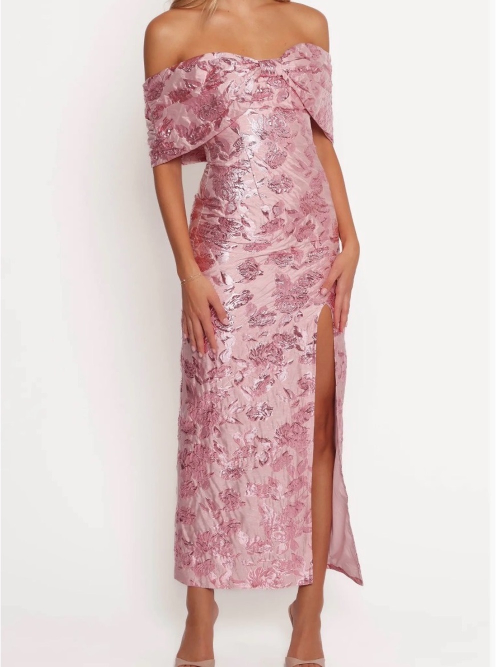 Petal & Pup Blush Pink One-Shoulder Floral Jacquard Midi Dress with Slit 6